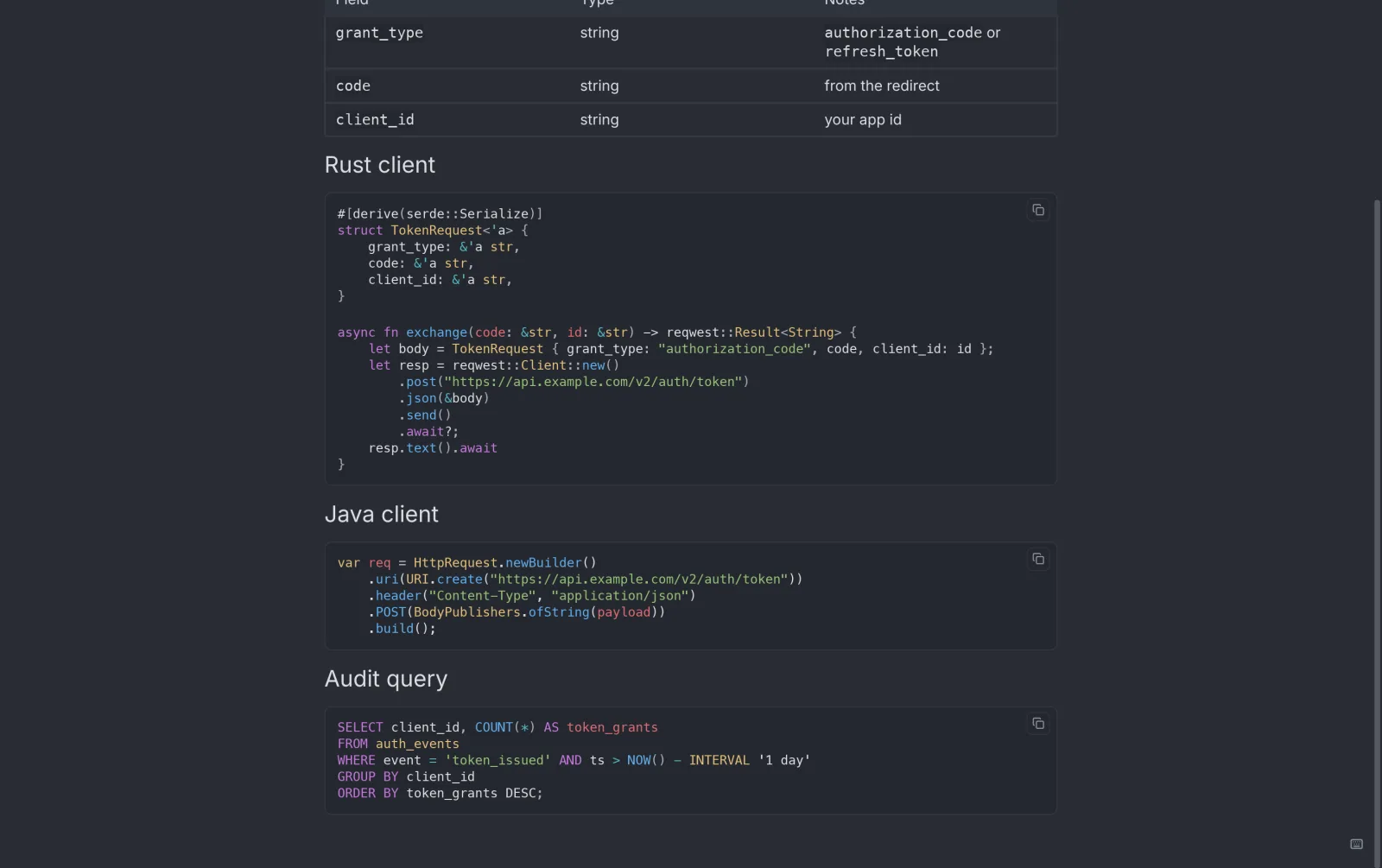 Syntax-highlighted Rust and Java code blocks
